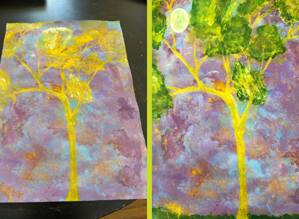 Photograph of an artwork in progress by Emma - before (left hand side) and after (right hand side).