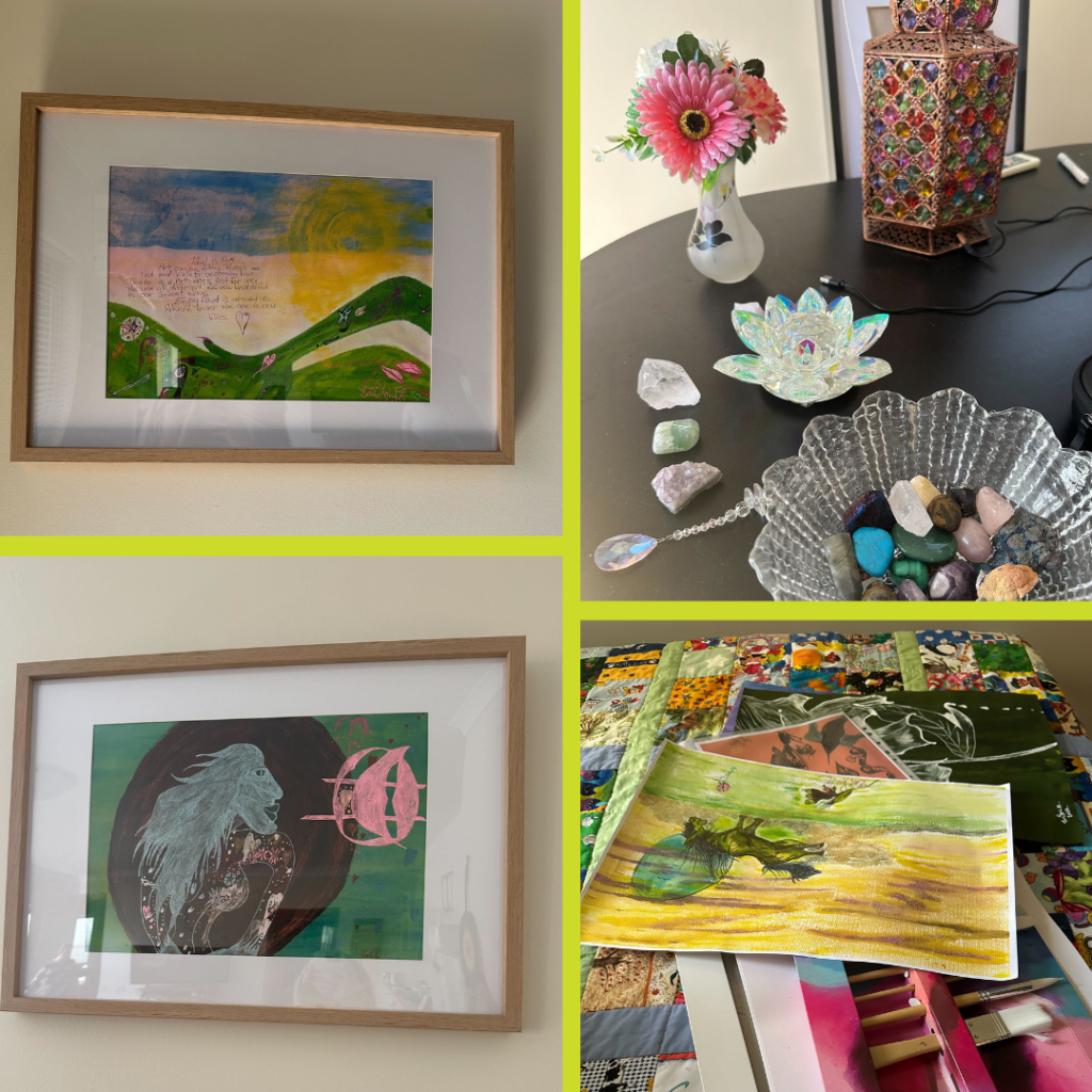 Photo displaying some of Emma's artwork, along with artsy decorations inside her SIL home.