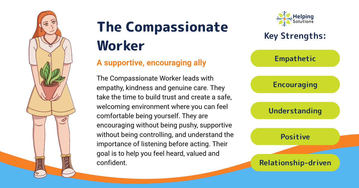 The Compassionate Worker Your Supportive and Encouraging Ally The Compassionate Worker leads with empathy, kindness and genuine care. They take the time to build trust and create a safe, welcoming environment where you can feel comfortable being yourself. They are encouraging without being pushy, supportive without being controlling, and understand the importance of listening before acting. Their goal is to help you feel heard, valued and confident. Key strengths: Empathetic, encouraging, understanding, positive and relationship-driven.